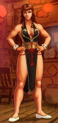 Rule 34 | 1girl, alternate hairstyle, bare legs, bare shoulders, black dress, bracelet, braid, breasts, brown hair, capcom, china dress, chinese clothes, chun-li, cleavage, dress, full body, hair down, halterneck, hands on own hips, highres, jewelry, lips, medium breasts, nail polish, no bra, no socks, official alternate costume, pelvic curtain, revealing clothes, sash, solo, spiked bracelet, spikes, street fighter, street fighter v, toned, tony warne, twin braids