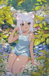 Rule 34 | 1girl, :o, animal ear fluff, animal ears, bare arms, bare shoulders, blue dress, breasts, commentary request, dress, eyebrows hidden by hair, fang, flower, green eyes, hand up, highres, kgt (pixiv12957613), looking at viewer, open mouth, original, sleeveless, sleeveless dress, small breasts, solo, water, white flower, white hair
