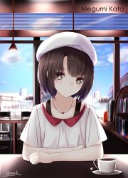 Rule 34 | 1girl, absurdres, bee doushi, blue sky, brown eyes, brown hair, character name, cloud, coffee, collarbone, cup, day, highres, jewelry, katou megumi, looking at viewer, necklace, saenai heroine no sodatekata, shirt, short hair, short sleeves, signature, sitting, sky, solo, teacup, upper body, white hair, white shirt