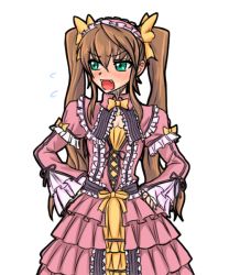 Rule 34 | 10s, 1girl, angry, blush, bow, brown hair, dress, fang, female focus, frills, green eyes, hand on own hip, hands on own hips, headdress, huang lingyin, infinite stratos, lolita fashion, open mouth, pink dress, pink theme, ribbon, simple background, solo, sweet lolita