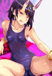 Rule 34 | + +, 1girl, black hair, breasts, cameltoe, covered erect nipples, earrings, fate/grand order, fate (series), highres, horns, jewelry, licking lips, looking at viewer, nike (0306), one-piece swimsuit, purple eyes, school swimsuit, short hair, shuten douji (fate), skin-covered horns, small breasts, smile, solo, spread legs, swimsuit, tongue, tongue out
