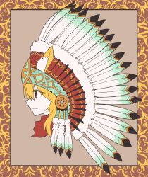 Rule 34 | 1girl, animal ear fluff, animal ears, asymmetrical hair, blonde hair, border, brown background, brown border, closed mouth, commentary request, cookie (touhou), cropped torso, fang, fang out, feathers, fox ears, fox girl, headdress, highres, medium hair, miramikaru riran, native american headdress, profile, red eyes, red scarf, scarf, sidelocks, smile, solo, yan pai