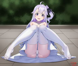 Rule 34 | 1girl, absurdres, azur lane, blush, embarrassed, feet, halterneck, highres, long hair, looking at viewer, open mouth, panties, purple eyes, purple hair, sitting, solo, spread legs, thighhighs, thighs, toes, tsa, underwear, unicorn (azur lane), white panties, white thighhighs