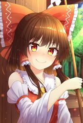 Rule 34 | &gt;:), 1girl, absurdres, bare shoulders, blush, bow, breasts, broom, brown eyes, brown hair, closed mouth, collar, collarbone, commentary request, detached sleeves, dress, eyelashes, frilled bow, frilled collar, frilled hair tubes, frills, hair bow, hair tubes, hakurei reimu, hakurei shrine, hand up, highres, holding, holding broom, japanese clothes, long hair, looking at viewer, miko, neckerchief, outdoors, red bow, red dress, ribbon-trimmed sleeves, ribbon trim, sidelocks, small breasts, smile, solo, sunlight, touhou, v-shaped eyebrows, white collar, white sleeves, wide sleeves, yellow neckerchief, yosshy
