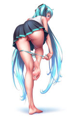 Rule 34 | 1girl, aqua hair, aqua nails, ass, barefoot, black skirt, blush, cleft of venus, feet, from behind, hair ornament, hatsune miku, highres, huge ass, long hair, nail polish, panties, panty pull, purple eyes, pussy, shadow, shirt, simple background, skirt, sleeveless, sleeveless shirt, solo, standing, standing on one leg, striped clothes, striped panties, third-party edit, twintails, uncensored, underwear, undressing, very long hair, vocaloid, white background, wokada