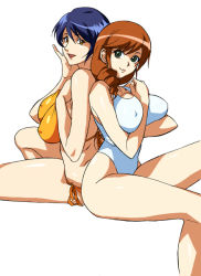Rule 34 | 2girls, :d, arm between breasts, back-to-back, between breasts, bikini, blue hair, breast hold, breast lift, breast press, breasts, breasts squeezed together, brown hair, cirima, clenched hand, covered erect nipples, curvy, daimon sayuri, digimon, digimon savers, drill hair, green eyes, hair between eyes, hair over shoulder, hand on own chest, hand on own face, highleg, highleg swimsuit, huge breasts, large breasts, legs, light smile, long hair, long legs, looking at viewer, looking back, mature female, multiple girls, noguchi misuzu, one-piece swimsuit, open mouth, orange eyes, red hair, short hair, side-tie bikini bottom, side ponytail, simple background, sitting, smile, swimsuit, thighs, volvox, white background, white one-piece swimsuit, yellow eyes, yellow one-piece swimsuit