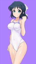 Rule 34 | 1girl, black hair, blue eyes, bow, breasts, casual one-piece swimsuit, hair bow, impossible clothes, impossible swimsuit, kohinata miku, looking at viewer, medium breasts, mutsuki riichi, one-piece swimsuit, purple background, senki zesshou symphogear, short hair, simple background, solo, swimsuit, white one-piece swimsuit