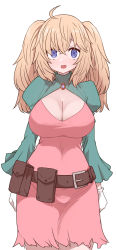 Rule 34 | 1girl, ahoge, arms at sides, belt, belt pouch, blonde hair, blush, breasts, brooch, cleavage, cleavage cutout, clothing cutout, copyright request, covered navel, dress, gloves, highres, jewelry, juliet sleeves, large breasts, long hair, long sleeves, looking at viewer, open mouth, pink dress, pouch, puffy sleeves, purple eyes, short dress, shrug (clothing), simple background, skin tight, solo, standing, sumiyao (amam), twintails, white background, white gloves