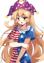 Rule 34 | &gt;:o, 1girl, :o, american flag dress, blonde hair, blush, clownpiece, e.o., hat, highres, jester cap, long hair, looking at viewer, neck ruff, open mouth, orange eyes, polka dot, short sleeves, simple background, sketch, solo, star (symbol), star print, striped, touhou, v-shaped eyebrows, very long hair, white background