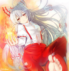 Rule 34 | 1girl, artist name, barefoot, blurry, blush, bow, breasts, closed mouth, collar, collared shirt, fire, fujiwara no mokou, hair between eyes, hair bow, hand up, highres, long hair, long sleeves, looking at viewer, medium breasts, multicolored bow, pants, puffy sleeves, ramudia (lamyun), red bow, red eyes, red pants, shirt, sidelocks, silver hair, simple background, soles, solo, toes, touhou, white background, white bow, white shirt