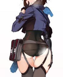 Rule 34 | 1girl, ass, black gloves, black leotard, black thighhighs, blue jacket, blush, breath, cropped jacket, cum, cumdrip, from behind, garter straps, girls&#039; frontline, gloves, gun, head out of frame, head tilt, highres, index finger raised, jacket, leotard, long sleeves, nose blush, parted lips, pouch, prosthesis, prosthetic arm, sate, simple background, solo, steam, thighhighs, type 79 (girls&#039; frontline), weapon, white background