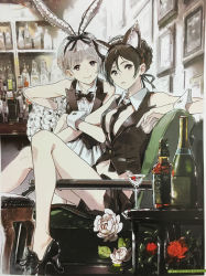 Rule 34 | 2girls, alcohol, animal ears, bar (place), bare legs, bare shoulders, between breasts, bottle, bow, bowtie, breasts, brown eyes, brown hair, rabbit ears, cat ears, cat girl, chair, champagne, cherry, cleavage, cocktail glass, cup, drinking glass, female focus, flower, food, fruit, highres, indoors, jack daniel&#039;s, kanna kii, midriff, multiple girls, necktie, necktie between breasts, picture frame, plant, shorts, sitting, skirt, whiskey, white hair, wrist cuffs
