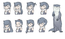 Rule 34 | 10s, 1girl, afro, alternate hair length, alternate hairstyle, animal ears, bangs pinned back, braid, drill hair, fur collar, grey eyes, grey hair, hair ornament, hair over eyes, hair over shoulder, hairclip, half updo, kemono friends, long hair, looking at viewer, multicolored hair, multiple views, otter, otter ears, roonhee, short hair, simple background, single braid, sketch, small-clawed otter (kemono friends), smile, upper body, variations, whiskers, white background, white hair