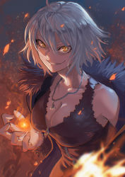 Rule 34 | 1girl, ahoge, breasts, cleavage, fate/grand order, fate (series), fire, highres, jeanne d&#039;arc alter (fate), jeanne d&#039;arc alter (ver. shinjuku 1999) (fate), jewelry, lc butter, necklace, short hair, smile, solo, white hair, yellow eyes