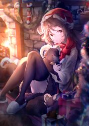Rule 34 | 1girl, absurdres, amesa, animal, animal ears, arknights, basket, box, brick wall, brown hair, cable knit, candy, candy cane, christmas present, christmas stocking, chromatic aberration, eyjafjalla (arknights), fire, fireplace, food, fur-trimmed skirt, fur trim, garter straps, gift, gift box, hat, highres, holding, holding animal, horns, knees up, long hair, looking at viewer, parted lips, pink eyes, santa hat, scarf, sheep, sheep ears, sheep girl, sheep horns, sitting, skirt, slippers, solo, sweater, thighhighs