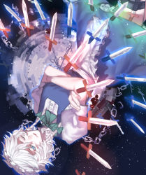Rule 34 | 1girl, ;), apron, blue eyes, blue skirt, blue vest, bow, bowtie, braid, chain, clock, commentary, cowboy shot, crossed arms, green bow, hair between eyes, hair bow, izayoi sakuya, knife, looking at viewer, maid, maid headdress, one eye closed, puffy short sleeves, puffy sleeves, shirt, short hair, short sleeves, skirt, smile, solo, spell card, thigh strap, throwing knife, tian (my dear), touhou, twin braids, upside-down, vest, waist apron, weapon, white apron, white hair, white shirt