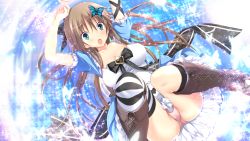 Rule 34 | 1girl, arms up, ass, boots, breasts, brown hair, game cg, green eyes, hair ornament, hapymaher: fragmentation dream, koku, large breasts, legs, long hair, looking at viewer, open mouth, panties, pantyshot, simple background, skirt, solo, striped legwear, thighs, toriumi arisu, underwear, upskirt