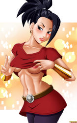 Rule 34 | 1girl, black hair, bracer, breasts, breasts out, dragon ball, highres, kale (dragon ball), shirt lift, skirt, tagme