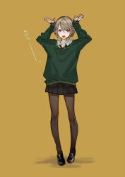 Rule 34 | 1girl, arms up, black footwear, black pantyhose, black skirt, blush, brown eyes, brown hair, collar, copyright request, full body, green sweater, hair ornament, hairclip, highres, long sleeves, looking at viewer, miniskirt, open mouth, pantyhose, pleated skirt, short hair, simple background, skirt, solo, standing, sweater, teeth, tongue, tongue out, upper teeth only, yellow background, yuu (higashi no penguin)
