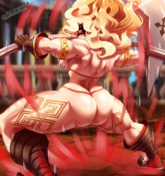 Rule 34 | 1girl, amazon (dragon&#039;s crown), armor, ass, axe, back, bikini armor, blonde hair, boots, breasts, butt crack, dragon&#039;s crown, female focus, gloves, highres, long hair, muscular, muscular female, pltnm ghost, solo, tattoo, thong, weapon