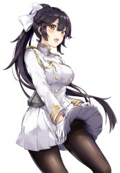 Rule 34 | 1girl, aiguillette, arisaka ako, azur lane, bad id, bad pixiv id, black hair, black pantyhose, bow, breasts, commentary request, dress, gloves, hair bow, high ponytail, large breasts, long hair, long sleeves, looking at viewer, military, military uniform, miniskirt, open mouth, pantyhose, pleated skirt, ponytail, rigging, sidelocks, simple background, skirt, solo, takao (azur lane), teeth, thighband pantyhose, uniform, very long hair, white background, white bow, white dress, wind, wind lift, yellow eyes