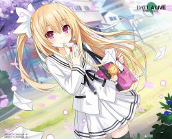 Rule 34 | 1girl, black ribbon, blonde hair, blouse, closed mouth, date a live, date a live: spirit pledge, day, heart, holding, holding letter, letter, long hair, long sleeves, looking at viewer, mayuri (date a live), official art, outdoors, pink bag, red eyes, ribbon, school uniform, serafuku, shirt, skirt, smile, solo, sunlight, very long hair, white shirt, white skirt