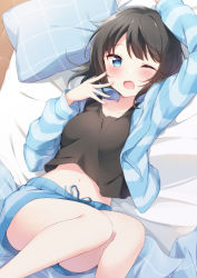Rule 34 | 1girl, arm up, bare legs, black hair, blue eyes, blunt bangs, blush, breasts, drawstring, from above, hand up, hazuki (sutasuta), highres, long sleeves, looking at viewer, lying, medium hair, midriff, navel, on back, on bed, one eye closed, open mouth, original, pajamas, pillow, shorts, small breasts, solo