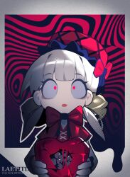 Rule 34 | 1girl, absurdres, bell, bow, character name, ghost (tama), hair bow, hair ornament, hat, heart, highres, holding, laetitia (project moon), lobotomy corporation, long sleeves, looking at viewer, open mouth, portrait, project moon, red eyes, solo, too many eyes, white hair