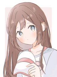 Rule 34 | 1girl, alternate hairstyle, blue eyes, blush, brown hair, closed mouth, creatures (company), game freak, hair down, hat, holding, holding hat, holding unworn clothes, long hair, looking at viewer, nintendo, pokemon, pokemon bw2, rosa (pokemon), shirt, simple background, solo, sugoiumainegi, unworn hat, unworn headwear, upper body, visor cap