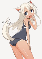 Rule 34 | 10s, 1girl, animal ears, bad id, bad pixiv id, blonde hair, blue eyes, kankitsunabe (citrus), kantai collection, long hair, one-piece swimsuit, one-piece tan, ro-500 (kancolle), school swimsuit, solo, swimsuit, tail, tan, tanline, wolf ears