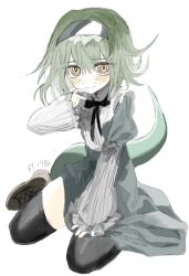 Rule 34 | 1984 (artist), 1boy, bill (black souls), black bow, black bowtie, black hairband, black souls, black thighhighs, blush, bow, bowtie, brown footwear, closed mouth, dress, full body, green hair, green tail, grey dress, hairband, highres, juliet sleeves, long sleeves, looking at viewer, male focus, orange eyes, puffy sleeves, simple background, smile, solo, sweat, thighhighs, trap, wavy mouth, white background