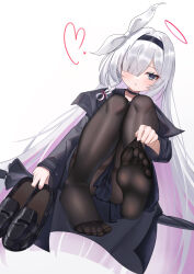 Rule 34 | 1girl, absurdres, black eyes, blue archive, clothes pull, feet, grey hair, hair over one eye, hairband, highres, light blush, loafers, long hair, looking at viewer, pantyhose, pantyhose pull, parted lips, plana (blue archive), shoes, soles, styx, toes, unworn shoes