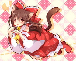Rule 34 | 1girl, 3535carrot, animal ears, argyle, argyle background, argyle clothes, ascot, bad id, bad pixiv id, bare shoulders, bell, bow, brown eyes, brown hair, cat ears, cat tail, collar, detached sleeves, detail, dress, fang, hair bow, hair tubes, hakurei reimu, kemonomimi mode, long sleeves, neck bell, open mouth, paw pose, red dress, solo, tail, touhou, uguisu mochi (ykss35), wide sleeves