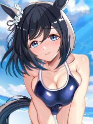 Rule 34 | 1girl, all fours, animal ears, black hair, blue eyes, blue one-piece swimsuit, blue sky, bob cut, breasts, cloud, competition school swimsuit, day, ear scrunchie, eishin flash (umamusume), hair between eyes, highres, horse ears, horse girl, horse tail, large breasts, leaning forward, looking at viewer, one-piece swimsuit, outdoors, school swimsuit, scrunchie, short hair, sky, solo, swept bangs, swimsuit, tail, tsukiyuki mike, umamusume, white scrunchie