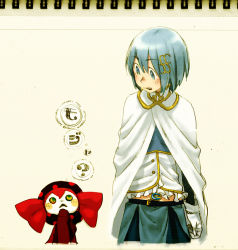 Rule 34 | 1girl, :&lt;, arm at side, beige background, blue eyes, blue hair, blue skirt, blush stickers, cape, charlotte (madoka magica), cropped legs, facing viewer, fortissimo, frills, gloves, hair between eyes, hair ornament, hairclip, light blush, looking at another, looking down, looking up, mahou shoujo madoka magica, mahou shoujo madoka magica: hangyaku no monogatari, miki sayaka, multicolored eyes, musical note, musical note hair ornament, parted lips, photo (medium), polka dot, shaded face, short hair, simple background, skirt, solo, soul gem, standing, takuan (takuanlunch), teeth, traditional media, translation request, upper teeth only, white cape, white gloves