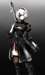 Rule 34 | 1girl, android, black gloves, black skirt, black thighhighs, boots, breasts, feather-trimmed sleeves, gloves, highres, juliet sleeves, katana, long sleeves, nier (series), nier:automata, puffy sleeves, short hair, skirt, sword, thigh boots, thighhighs, thighhighs under boots, weapon, 2b (nier:automata)