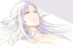 Rule 34 | 1girl, arms at sides, breasts, choker, collarbone, female focus, grin, hair ornament, large breasts, light purple hair, long hair, looking up, lying, neck, nude, on back, parted lips, purple eyes, quinella, shade, smile, solo, sword art online, sword art online: alicization, upper body, yamada koutarou