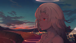 Rule 34 | 1girl, angel, bad id, bad pixiv id, bare shoulders, breasts, cleavage, cloud, collarbone, crying, crying with eyes open, detached wings, fantasy, from side, glowing, glowing eyes, halo, highres, looking away, original, outdoors, portrait, red eyes, sad, sky, sleeveless, solo focus, tears, transparent wings, twilight, wangxiii, white hair, wings