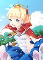 Rule 34 | 1girl, azur lane, blonde hair, blue eyes, blurry, blurry background, blush, breasts, cape, cloud, commentary request, day, epaulettes, gauntlets, hair ornament, jewelry, le triomphant (azur lane), looking at viewer, necklace, open mouth, petals, shiruko (27anko), sky, small breasts