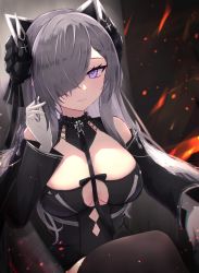 Rule 34 | 1girl, :3, august von parseval (azur lane), azur lane, bare shoulders, black background, black dress, black neckwear, black sleeves, black thighhighs, breasts, cleavage, cleavage cutout, closed mouth, clothing cutout, commentary request, cowboy shot, cross, crossed legs, detached sleeves, dress, fire, gloves, grey hair, hair between eyes, hair ornament, hair over one eye, hand up, headgear, highres, horns, iron cross, large breasts, long hair, looking at viewer, neckwear between breasts, partial commentary, purple eyes, reizouko, revision, sidelocks, sitting, sleeveless, sleeveless dress, smile, solo, thighhighs, white gloves
