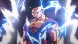 Rule 34 | 1boy, aura, blood, blood on face, dougi, dragon ball, dragon ball super, dragon ball super super hero, highres, iamthetrev, large pectorals, lightning, multicolored hair, muscular, muscular male, pectorals, potential unleashed, son gohan, streaked hair, takahashi yuuya (style), ultimate gohan