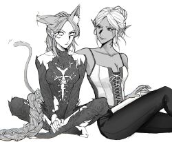 Rule 34 | 2girls, alternate costume, animal ears, baldur&#039;s gate, baldur&#039;s gate 3, bare shoulders, blank eyes, bodysuit, book on lap, braid, cat ears, cat girl, cat tail, cleavage cutout, clothing cutout, collarbone, collared bodysuit, commentary, corset, covered collarbone, crutch c, detached sleeves, dungeons &amp; dragons, ear wiggle, elf, feet out of frame, full body, greyscale, hair bun, hair ornament, hand on another&#039;s head, hand on own leg, headpat, highres, indian style, kemonomimi mode, long hair, looking at another, low-braided long hair, low-tied long hair, minthara, monochrome, multiple girls, neck tattoo, orin the red, pants, pointy ears, short hair, simple background, single braid, single hair bun, sitting, smile, symbol-only commentary, tail, tattoo, white background, yuri