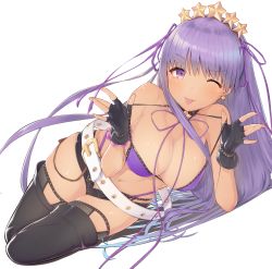 Rule 34 | 1girl, absurdres, bare shoulders, bb (fate), bb (fate) (all), bb (swimsuit mooncancer) (fate), bb (swimsuit mooncancer) (second ascension) (fate), belt, bikini, black gloves, black shorts, black thighhighs, breasts, cleavage, commentary request, fate/grand order, fate (series), fingerless gloves, gloves, hair ribbon, headdress, highleg, highres, large breasts, long hair, looking at viewer, loose belt, micro shorts, navel, one eye closed, open fly, purple bikini, purple eyes, purple hair, ribbon, shorts, simple background, smile, solo, star (symbol), stomach, strap pull, swimsuit, thighhighs, tongue, tongue out, urigarasu, very long hair, white background