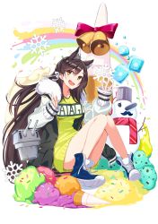 Rule 34 | 1girl, animal ears, atago (azur lane), azur lane, black hair, blue footwear, blush, breasts, brown eyes, cannon, character name, closed mouth, clothes writing, coat, collarbone, commentary request, confetti, dress, extra ears, food, fur-trimmed coat, fur trim, green sweater, hair ribbon, hands up, highres, ice, ice cream, ice cube, knees together feet apart, large breasts, long hair, looking at viewer, mappaninatta, mole, mole under eye, open clothes, open coat, open mouth, oversized clothes, rainbow, ribbon, shoes, sidelocks, signature, sitting, sleeves past wrists, smile, sneakers, snowflakes, snowman, solo, sweater, sweater dress, swept bangs, torpedo, turret, untied footwear, white ribbon