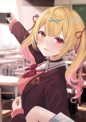 Rule 34 | ahoge, ara1e, blonde hair, blush, bow, cellphone, classroom, day, desk, heterochromia, highres, hoshikawa sara, hoshikawa sara (4th costume), indoors, locked arms, long hair, long sleeves, looking at viewer, multicolored hair, nijisanji, open mouth, phone, pink hair, pov, red bow, red eyes, school desk, school uniform, selfie, shirt, short sleeves, smartphone, smile, sweater, taking picture, twintails, virtual youtuber, white shirt, yellow eyes