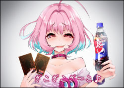 Rule 34 | 1girl, ahoge, black border, blue hair, blush, border, bottle, bracelet, breasts, card, cluseller, cola, collar, collarbone, drink, english text, fang, female focus, gradient background, grey background, hair intakes, hands up, happy, holding, holding card, idolmaster, idolmaster cinderella girls, japanese text, jewelry, medium breasts, multicolored hair, off shoulder, open mouth, pepsi, pepsi japan cola challenge (meme), pink eyes, pink hair, pink shirt, playing card, ring, shirt, short hair, short sleeves, simple background, skin fang, smile, smug, solo, translation request, two-tone hair, upper body, white shirt, yu-gi-oh!, yumemi riamu