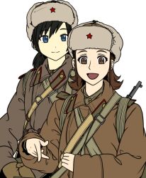 Rule 34 | 2girls, black hair, blue eyes, bolt action, brown coat, brown eyes, brown hair, closed mouth, coat, collar tabs, collared coat, commentary, english commentary, epaulettes, flat color, freckles, fur hat, gun, gun sling, hat, hat ornament, ivan, jacket, long sleeves, looking at viewer, medium hair, military, military hat, military jacket, military uniform, mosin-nagant, multiple girls, open mouth, original, pointing, pointing forward, red star, red trim, rifle, ringed eyes, short hair, shoulder strap, smile, soldier, soviet, soviet army, star (symbol), star hat ornament, transparent background, uniform, upper body, ushanka, weapon, weapon on back, white headwear, world war ii