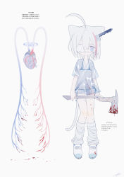 Rule 34 | 1girl, ahoge, animal ears, axe, bikini, bikini under clothes, blood, blood on axe, blood vessels, bloody weapon, blue eyes, blue nails, cat ears, cat girl, cat tail, closed mouth, expressionless, eyepatch, full body, hair between eyes, halterneck, heart (organ), highres, holding, holding axe, japanese clothes, kimono, knife in head, looking at viewer, loose socks, medical eyepatch, micro bikini, multicolored hair, nail polish, object through head, one eye covered, original, outo eguchi, scar, scar on leg, see-through, see-through kimono, shoes, short hair, short kimono, short sleeves, side-tie bikini bottom, signature, simple background, socks, solo, standing, streaked hair, string bikini, sweat, swimsuit, tail, thigh gap, translation request, uwabaki, veins, weapon, white background, white footwear, white hair, white socks