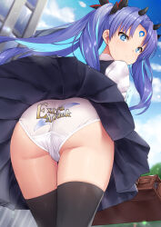 Rule 34 | 1girl, ass, back-print panties, blue eyes, blue hair, blush, clothes lift, crescent, crescent facial mark, facial mark, fate/grand order, fate (series), forehead mark, hair ornament, ishtar (fate), light blue hair, long hair, looking at viewer, looking back, multicolored hair, open mouth, panties, panty focus, pleated skirt, print panties, school uniform, shirt, skirt, skirt lift, solo, space ishtar (astarte origin) (fate), space ishtar (fate), text on panties, thighhighs, torimaru, twintails, two-tone hair, underwear, white panties, white shirt