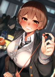 Rule 34 | 1boy, 4girls, bad id, bad pixiv id, blush, breasts, brown hair, chopsticks, chromatic aberration, classroom, commentary, earphones, faceless, faceless male, grin, highres, holding, indoors, large breasts, milk carton, multiple girls, necktie, original, pov, rerrere, school uniform, short hair, smile, solo focus, yellow eyes